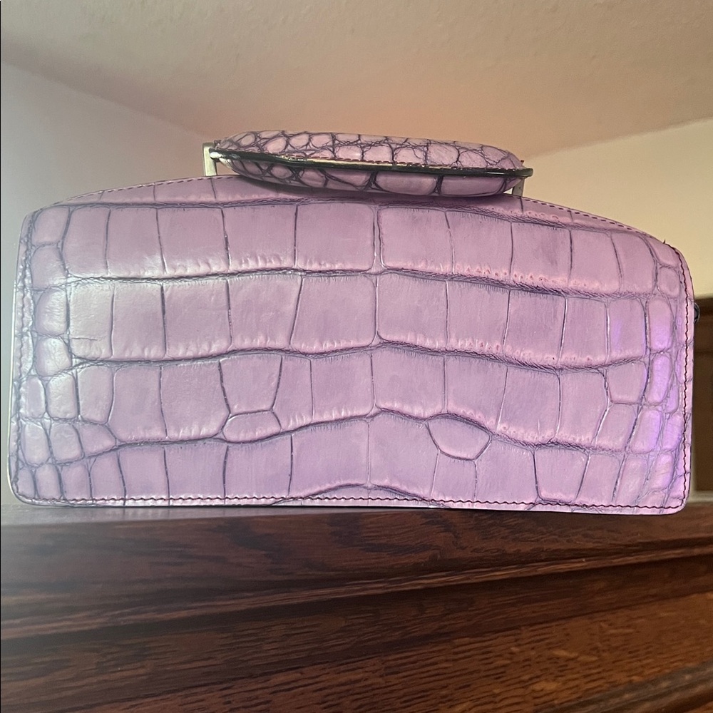 BOSCA Embossed Croc Full Grain Italian Leather Top Handle Bag in Lavender RARE - Picture 2 of 16